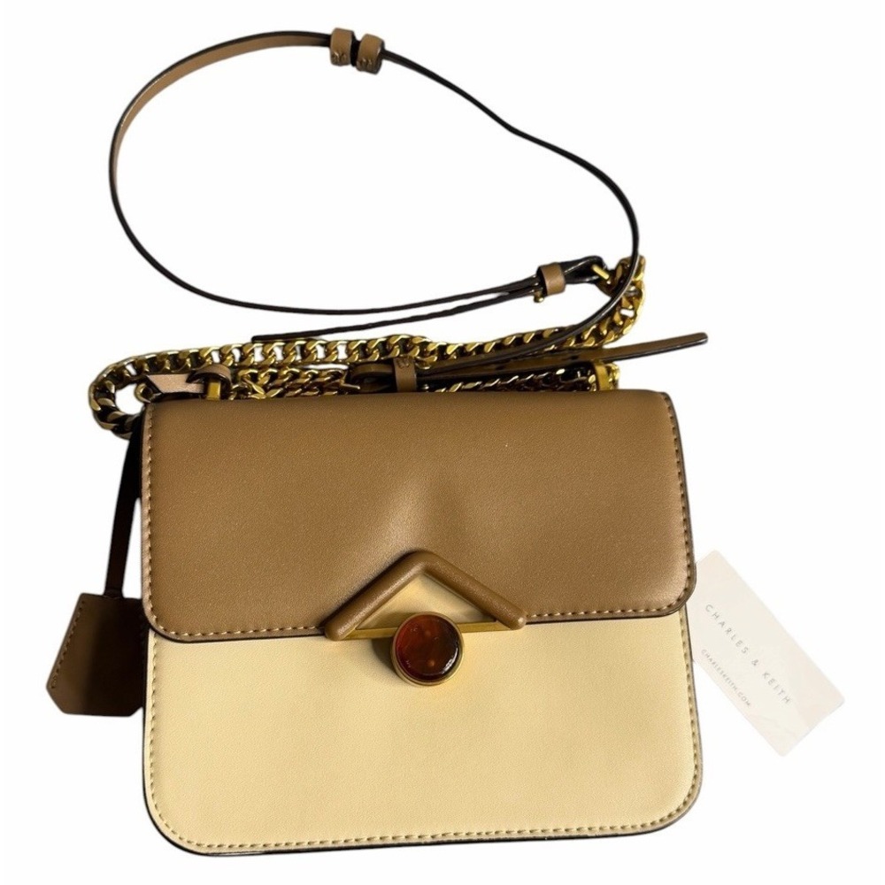 Charles & Keith Colorblock Crossbody Bag Taupe Cream Gold Chain NWT
